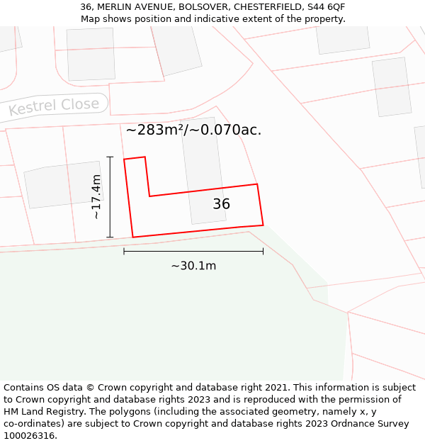 36, MERLIN AVENUE, BOLSOVER, CHESTERFIELD, S44 6QF: Plot and title map