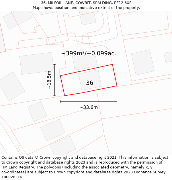 36, MILFOIL LANE, COWBIT, SPALDING, PE12 6XF: Plot and title map