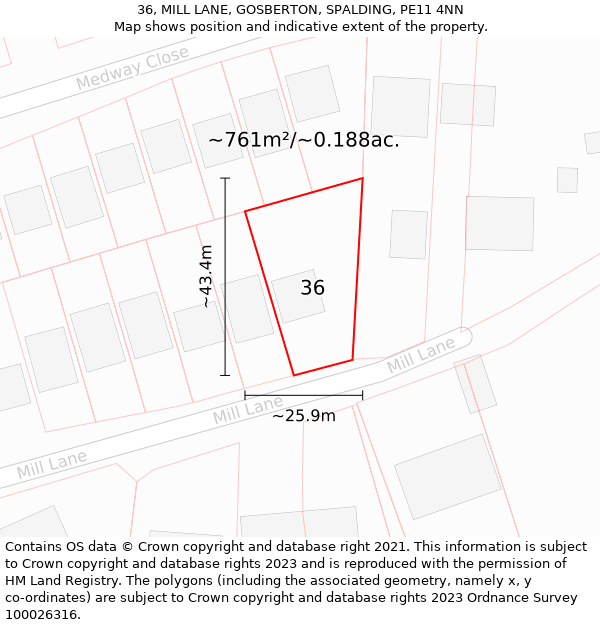 36, MILL LANE, GOSBERTON, SPALDING, PE11 4NN: Plot and title map