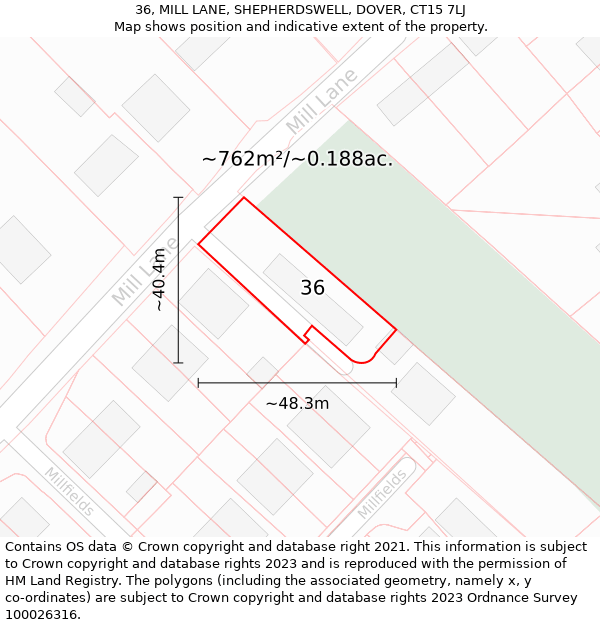 36, MILL LANE, SHEPHERDSWELL, DOVER, CT15 7LJ: Plot and title map