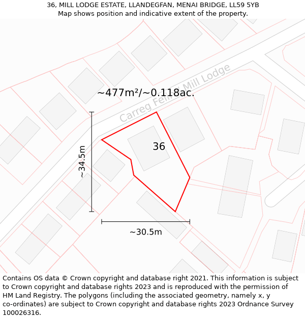 36, MILL LODGE ESTATE, LLANDEGFAN, MENAI BRIDGE, LL59 5YB: Plot and title map