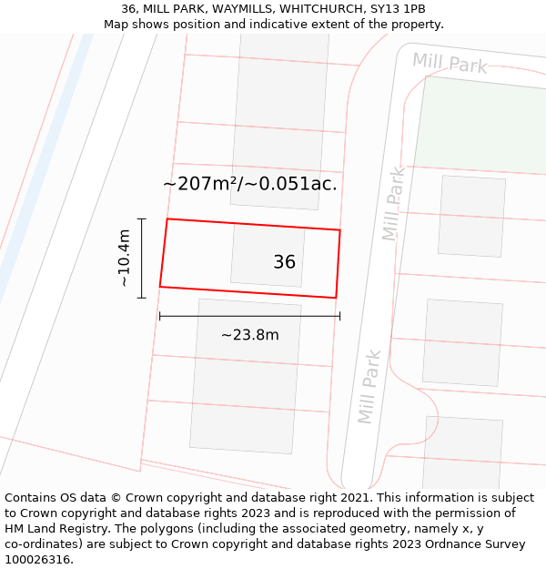 36, MILL PARK, WAYMILLS, WHITCHURCH, SY13 1PB: Plot and title map