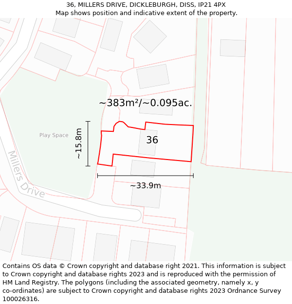36, MILLERS DRIVE, DICKLEBURGH, DISS, IP21 4PX: Plot and title map