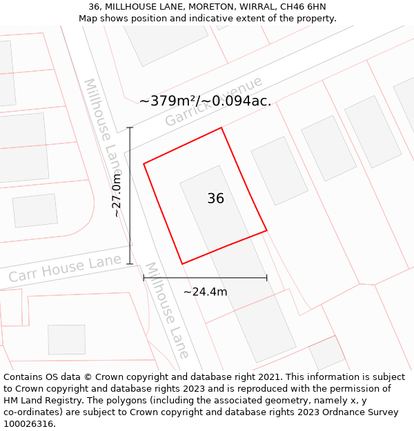 36, MILLHOUSE LANE, MORETON, WIRRAL, CH46 6HN: Plot and title map