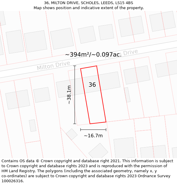 36, MILTON DRIVE, SCHOLES, LEEDS, LS15 4BS: Plot and title map