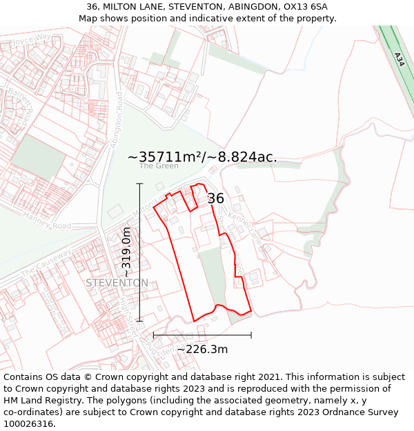 36, MILTON LANE, STEVENTON, ABINGDON, OX13 6SA: Plot and title map