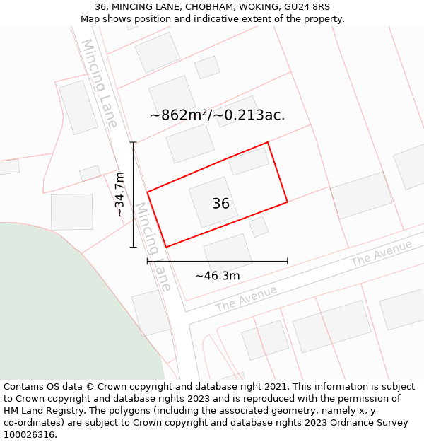 36, MINCING LANE, CHOBHAM, WOKING, GU24 8RS: Plot and title map