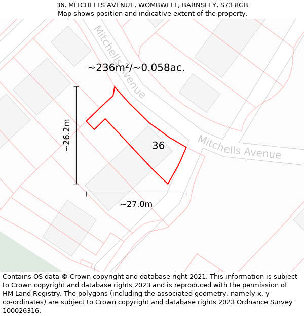 36, MITCHELLS AVENUE, WOMBWELL, BARNSLEY, S73 8GB: Plot and title map