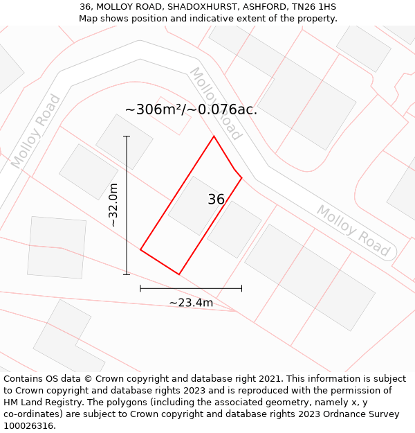 36, MOLLOY ROAD, SHADOXHURST, ASHFORD, TN26 1HS: Plot and title map