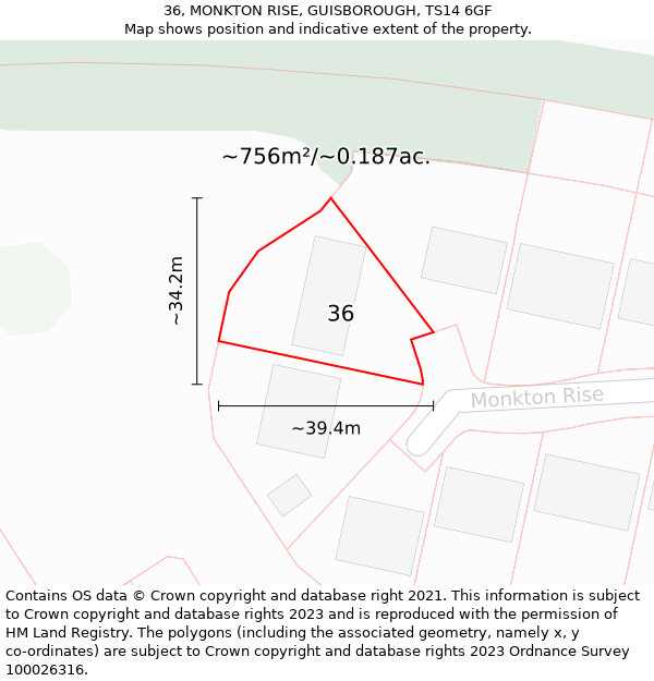 36, MONKTON RISE, GUISBOROUGH, TS14 6GF: Plot and title map