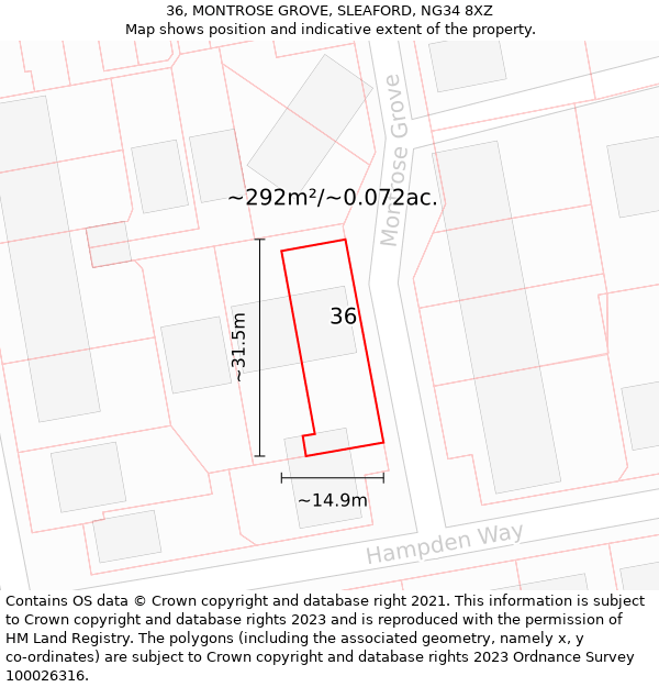 36, MONTROSE GROVE, SLEAFORD, NG34 8XZ: Plot and title map