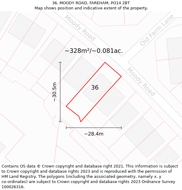 36, MOODY ROAD, FAREHAM, PO14 2BT: Plot and title map