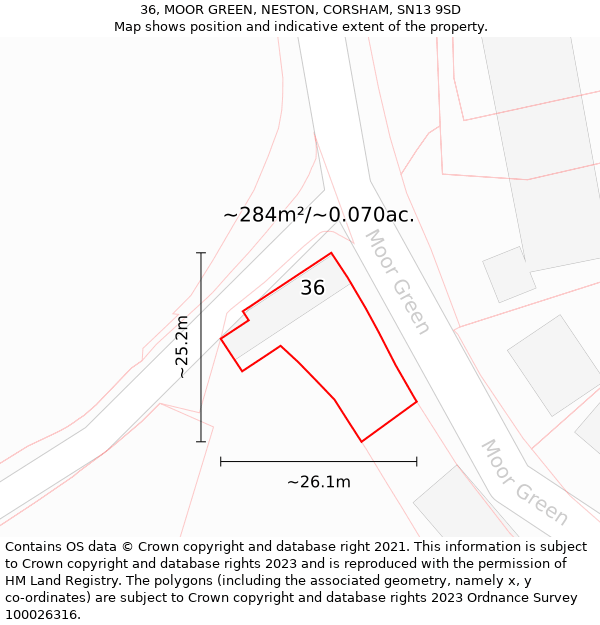 36, MOOR GREEN, NESTON, CORSHAM, SN13 9SD: Plot and title map