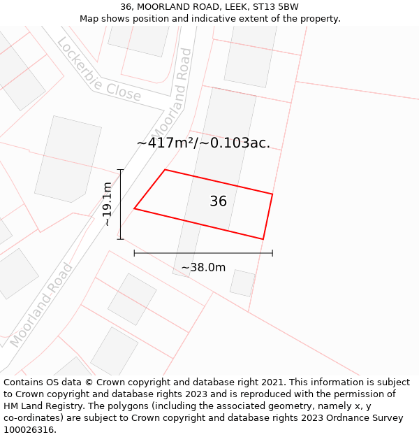 36, MOORLAND ROAD, LEEK, ST13 5BW: Plot and title map