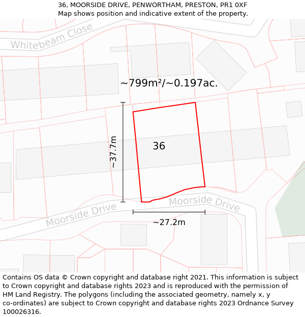 36, MOORSIDE DRIVE, PENWORTHAM, PRESTON, PR1 0XF: Plot and title map