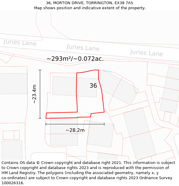 36, MORTON DRIVE, TORRINGTON, EX38 7AS: Plot and title map