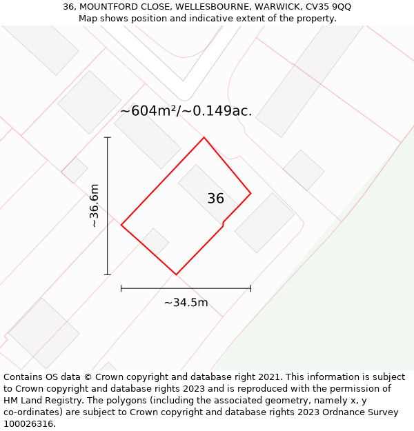 36, MOUNTFORD CLOSE, WELLESBOURNE, WARWICK, CV35 9QQ: Plot and title map