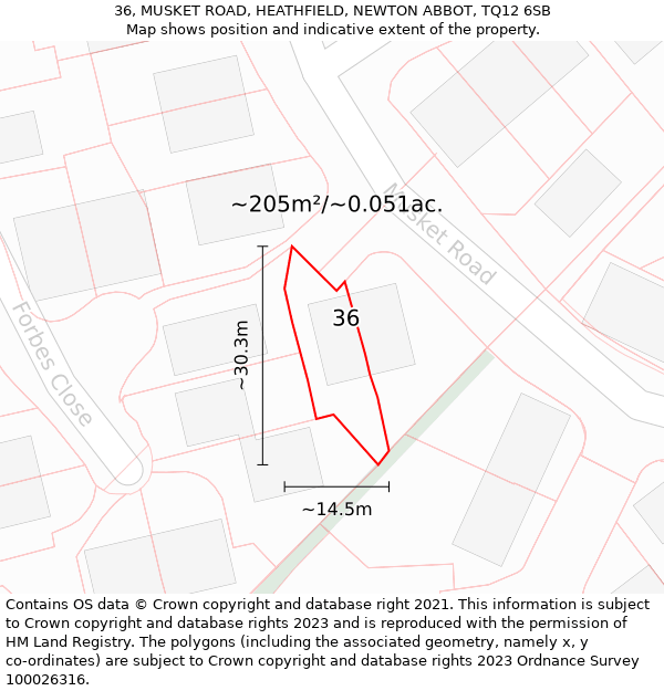 36, MUSKET ROAD, HEATHFIELD, NEWTON ABBOT, TQ12 6SB: Plot and title map