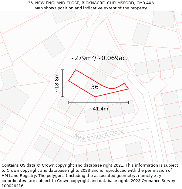 36, NEW ENGLAND CLOSE, BICKNACRE, CHELMSFORD, CM3 4XA: Plot and title map