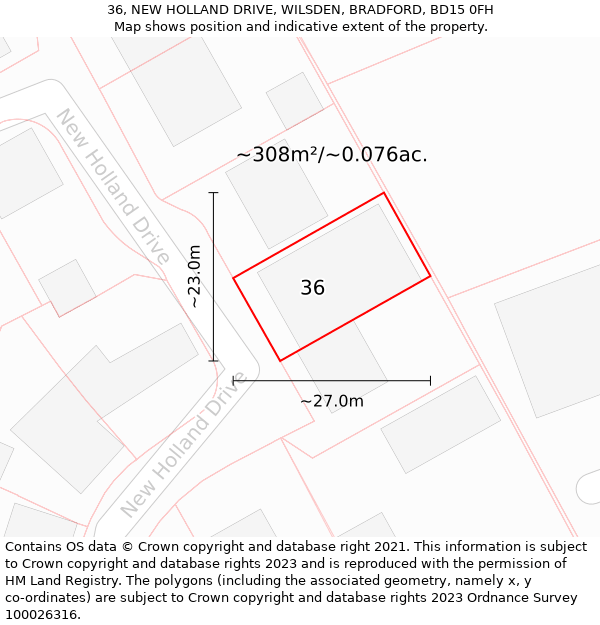 36, NEW HOLLAND DRIVE, WILSDEN, BRADFORD, BD15 0FH: Plot and title map