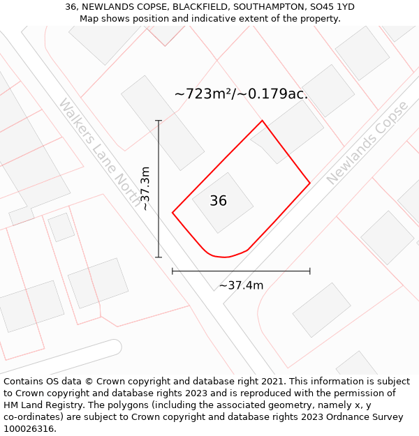 36, NEWLANDS COPSE, BLACKFIELD, SOUTHAMPTON, SO45 1YD: Plot and title map
