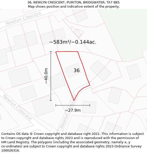 36, NEWLYN CRESCENT, PURITON, BRIDGWATER, TA7 8BS: Plot and title map