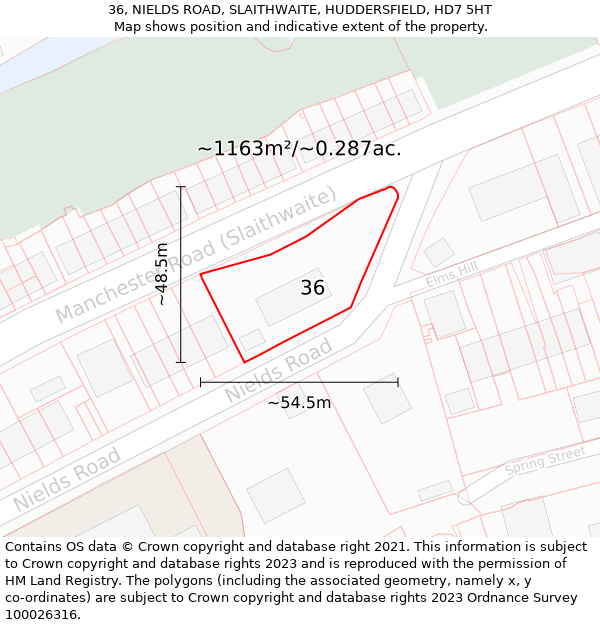 36, NIELDS ROAD, SLAITHWAITE, HUDDERSFIELD, HD7 5HT: Plot and title map