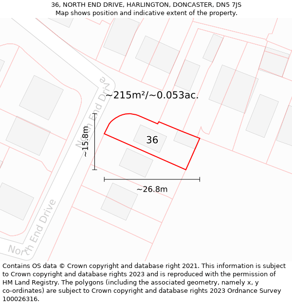 36, NORTH END DRIVE, HARLINGTON, DONCASTER, DN5 7JS: Plot and title map