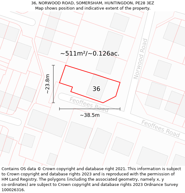 36, NORWOOD ROAD, SOMERSHAM, HUNTINGDON, PE28 3EZ: Plot and title map