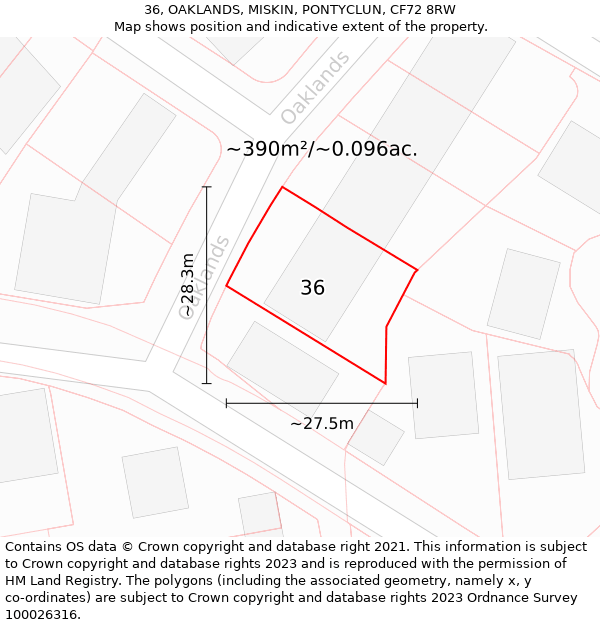 36, OAKLANDS, MISKIN, PONTYCLUN, CF72 8RW: Plot and title map