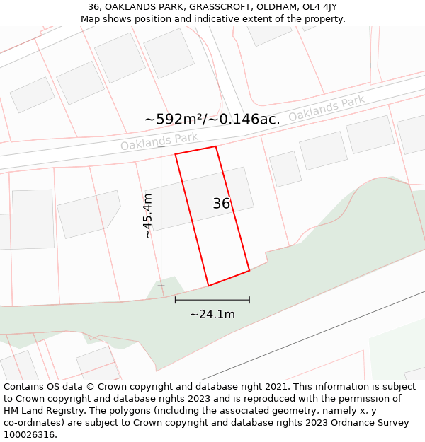 36, OAKLANDS PARK, GRASSCROFT, OLDHAM, OL4 4JY: Plot and title map