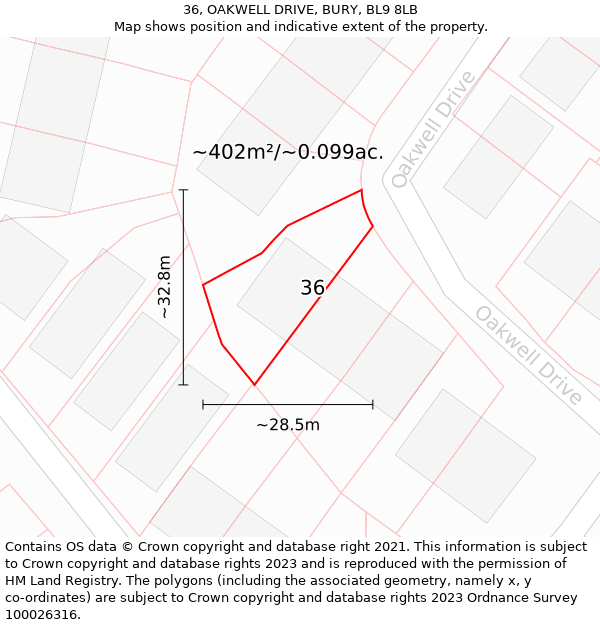 36, OAKWELL DRIVE, BURY, BL9 8LB: Plot and title map