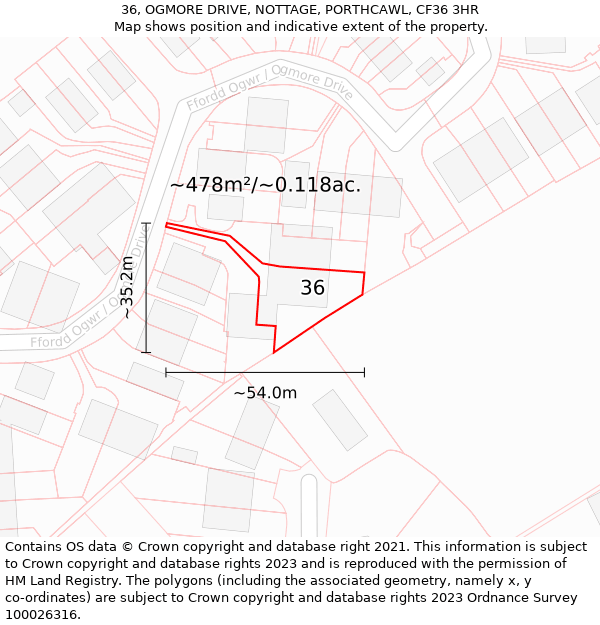 36, OGMORE DRIVE, NOTTAGE, PORTHCAWL, CF36 3HR: Plot and title map