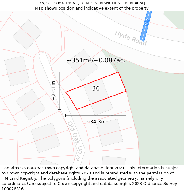 36, OLD OAK DRIVE, DENTON, MANCHESTER, M34 6FJ: Plot and title map