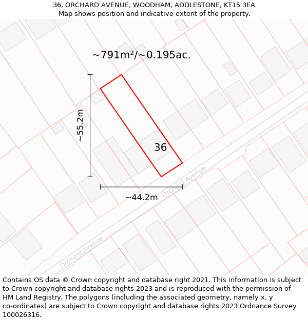 36, ORCHARD AVENUE, WOODHAM, ADDLESTONE, KT15 3EA: Plot and title map