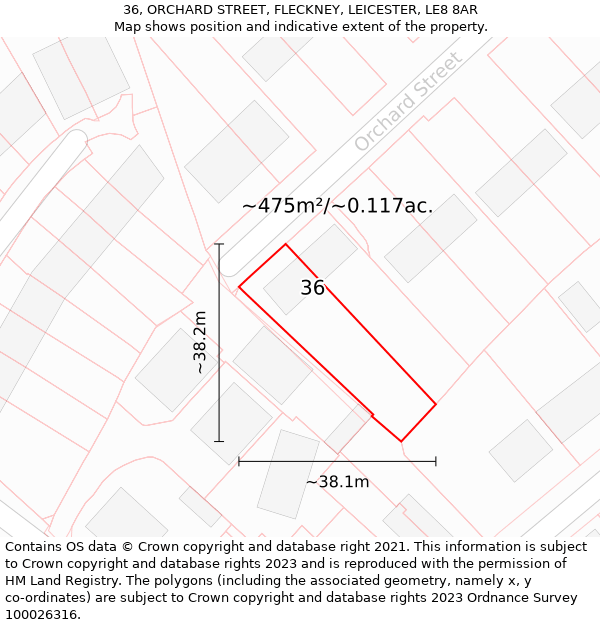 36, ORCHARD STREET, FLECKNEY, LEICESTER, LE8 8AR: Plot and title map