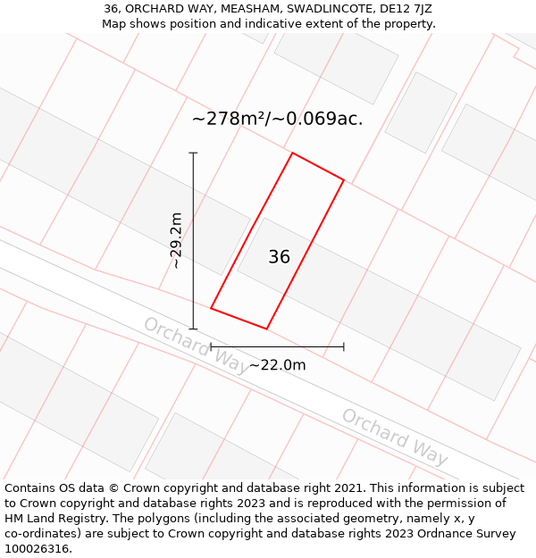 36, ORCHARD WAY, MEASHAM, SWADLINCOTE, DE12 7JZ: Plot and title map