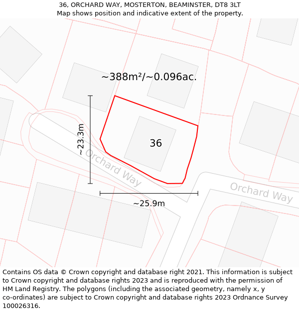 36, ORCHARD WAY, MOSTERTON, BEAMINSTER, DT8 3LT: Plot and title map