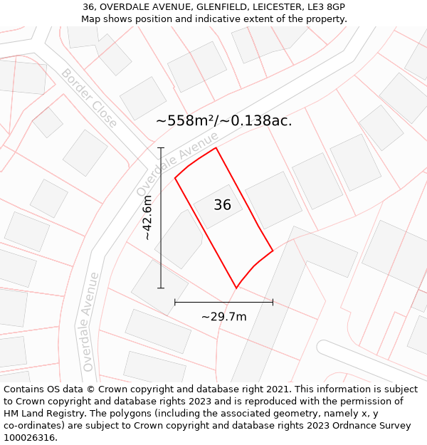 36, OVERDALE AVENUE, GLENFIELD, LEICESTER, LE3 8GP: Plot and title map