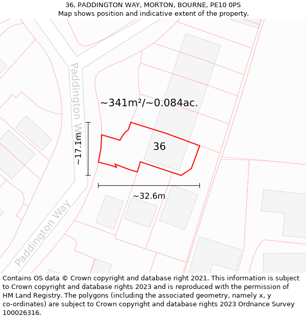 36, PADDINGTON WAY, MORTON, BOURNE, PE10 0PS: Plot and title map