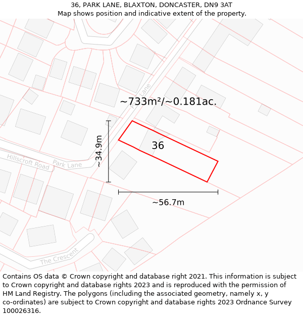 36, PARK LANE, BLAXTON, DONCASTER, DN9 3AT: Plot and title map