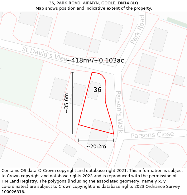 36, PARK ROAD, AIRMYN, GOOLE, DN14 8LQ: Plot and title map