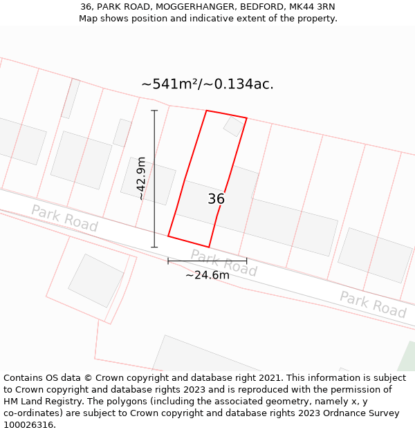 36, PARK ROAD, MOGGERHANGER, BEDFORD, MK44 3RN: Plot and title map