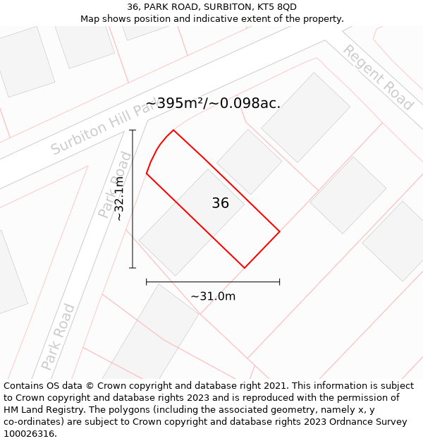 36, PARK ROAD, SURBITON, KT5 8QD: Plot and title map