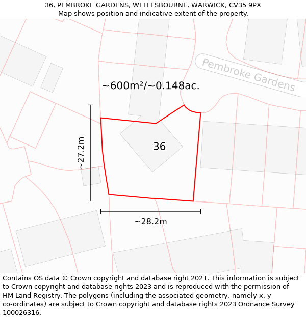 36, PEMBROKE GARDENS, WELLESBOURNE, WARWICK, CV35 9PX: Plot and title map