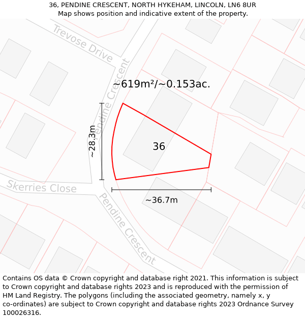 36, PENDINE CRESCENT, NORTH HYKEHAM, LINCOLN, LN6 8UR: Plot and title map