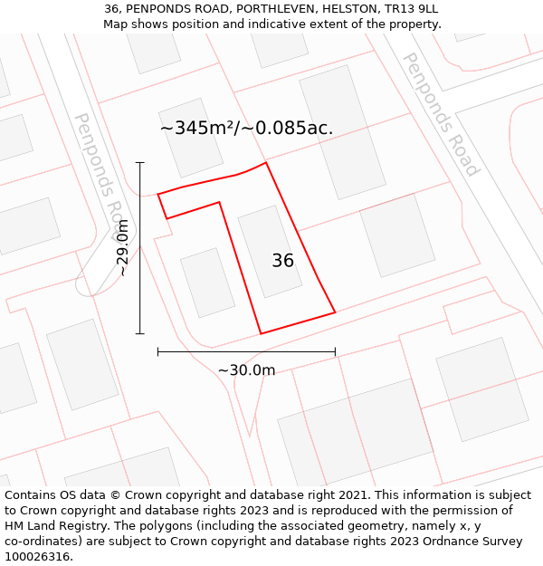 36, PENPONDS ROAD, PORTHLEVEN, HELSTON, TR13 9LL: Plot and title map