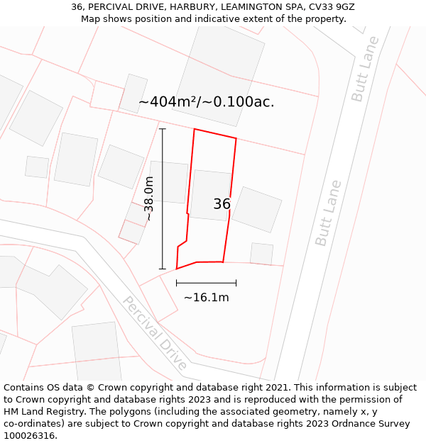 36, PERCIVAL DRIVE, HARBURY, LEAMINGTON SPA, CV33 9GZ: Plot and title map