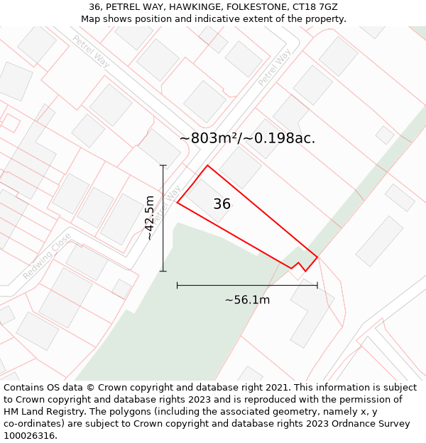 36, PETREL WAY, HAWKINGE, FOLKESTONE, CT18 7GZ: Plot and title map