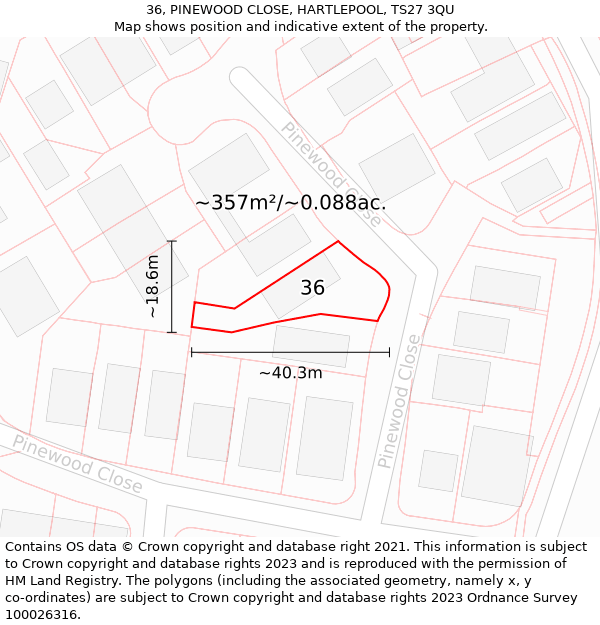 36, PINEWOOD CLOSE, HARTLEPOOL, TS27 3QU: Plot and title map